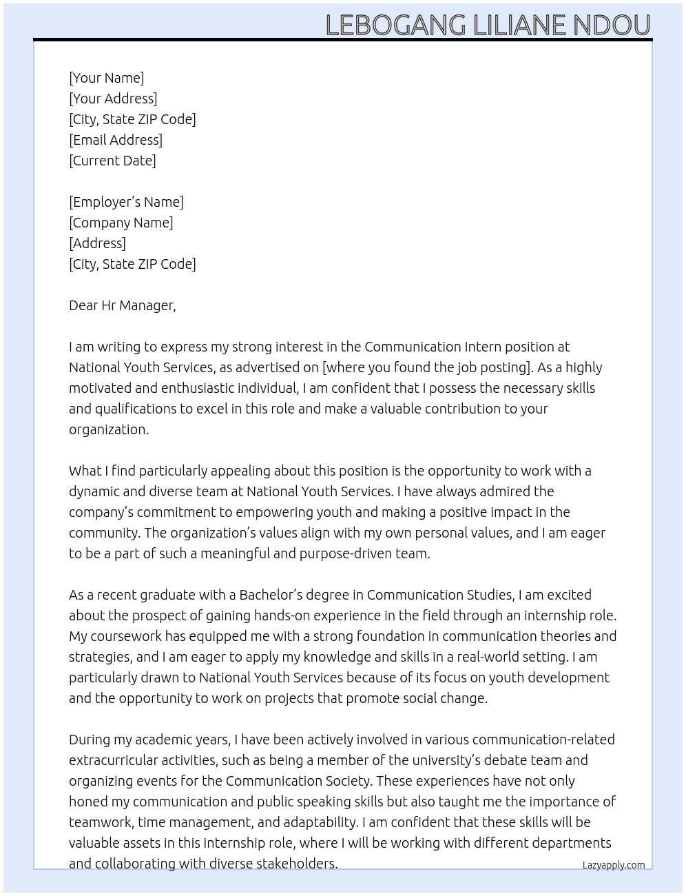 communication Intern  At National youth services Cover Letter