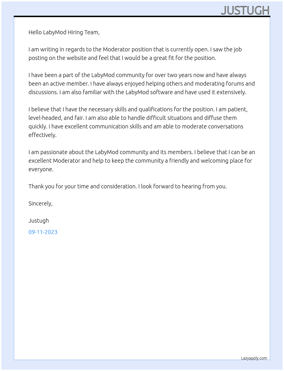 Moderator At LabyMod Cover Letter