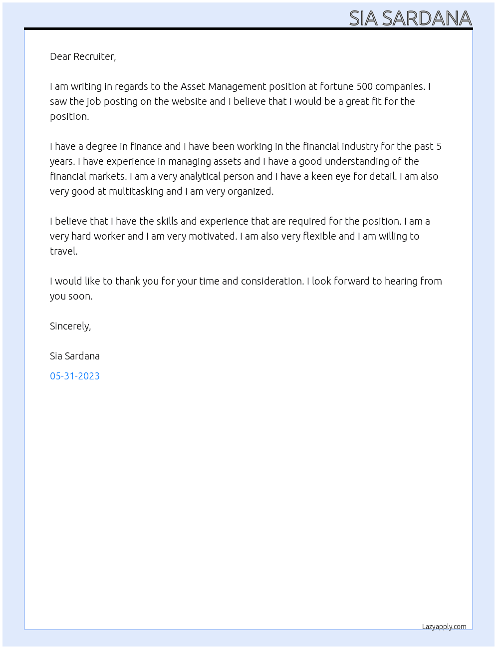 Asset Management  At fortune 500 companies Cover Letter