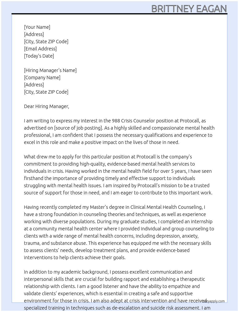 988 Crisis Counselor At Protocall Cover Letter