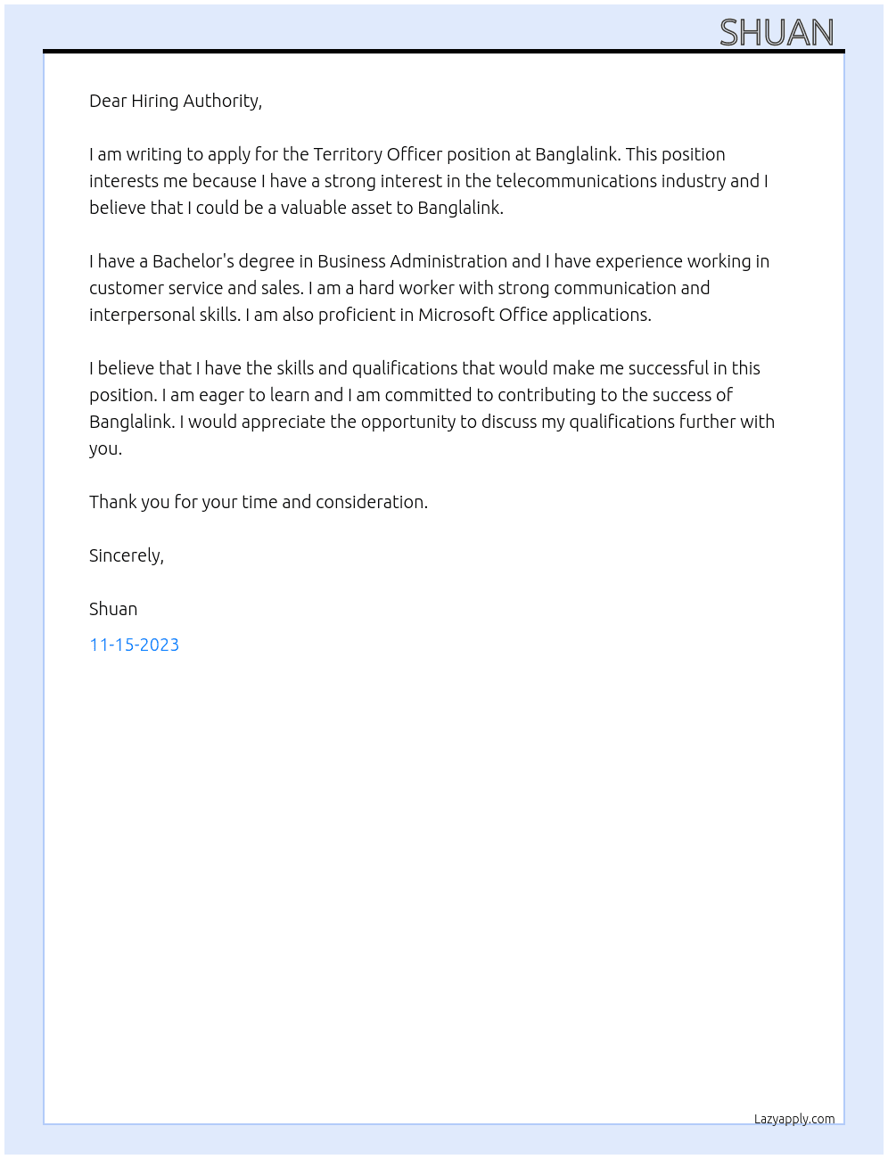 Territory Officer At Banglalink Cover Letter