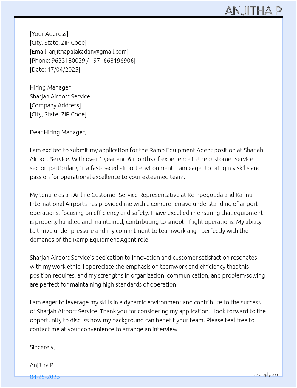 RAMP EQUIPMENT AGENT At Sharajah airport service  Cover Letter