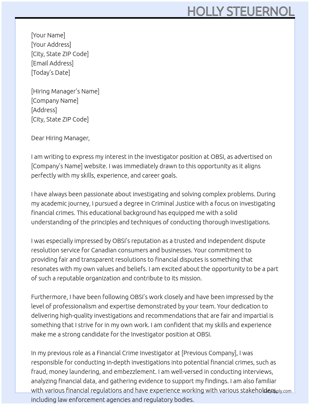 Investigator At OBSI Cover Letter