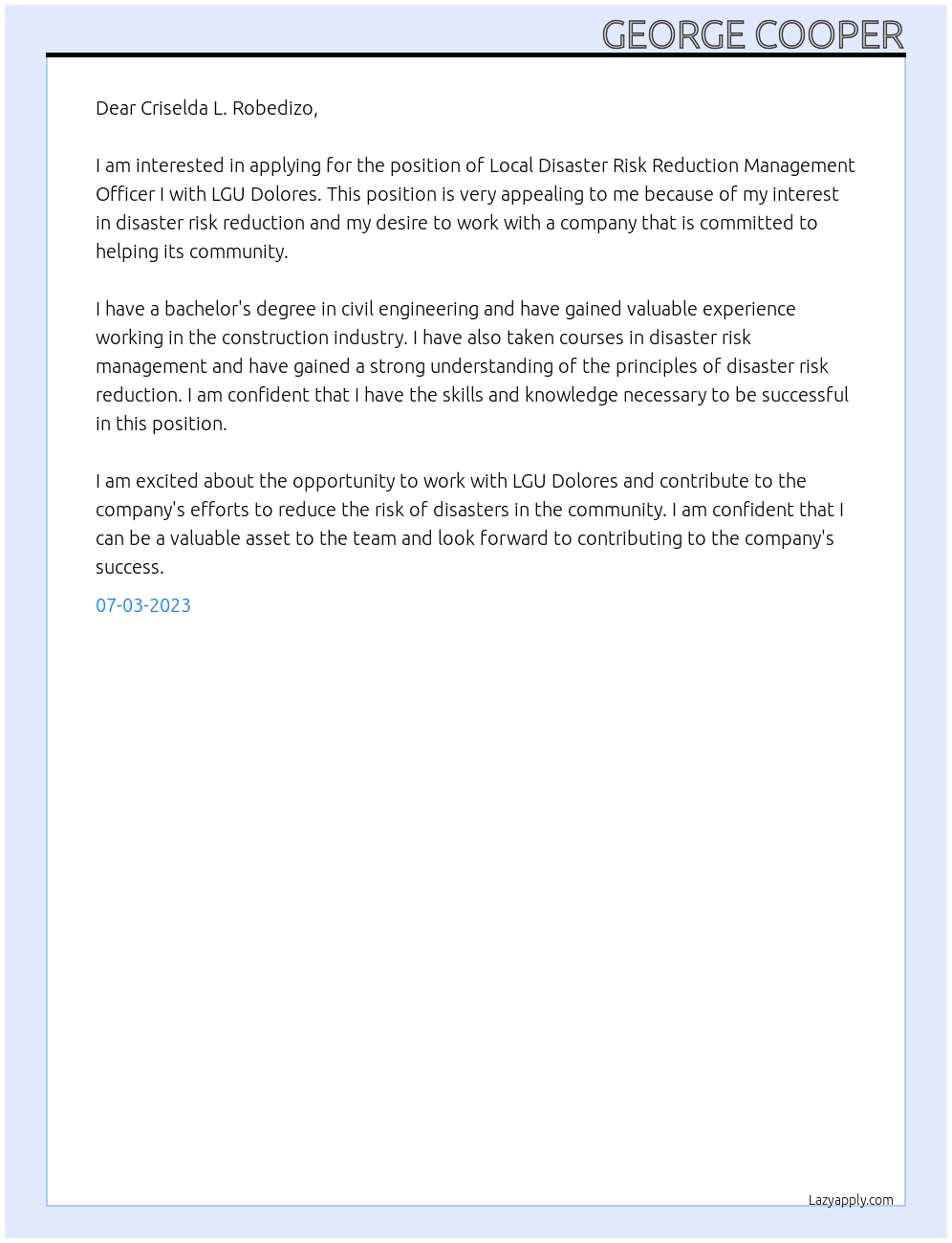 Local Disaster Risk Reduction Management Officer I At LGU Dolores Cover Letter