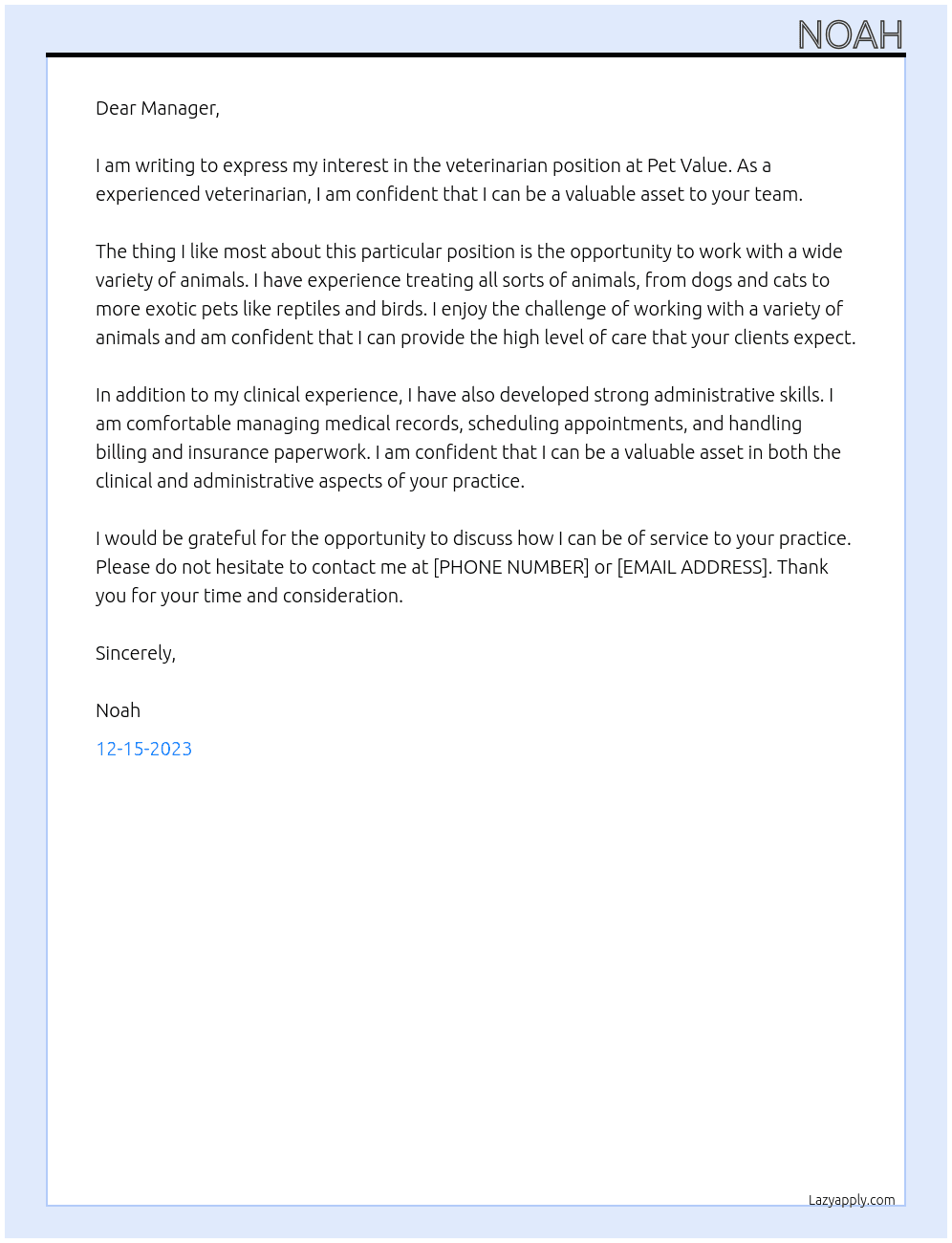 veterinarian At Pet Value Cover Letter
