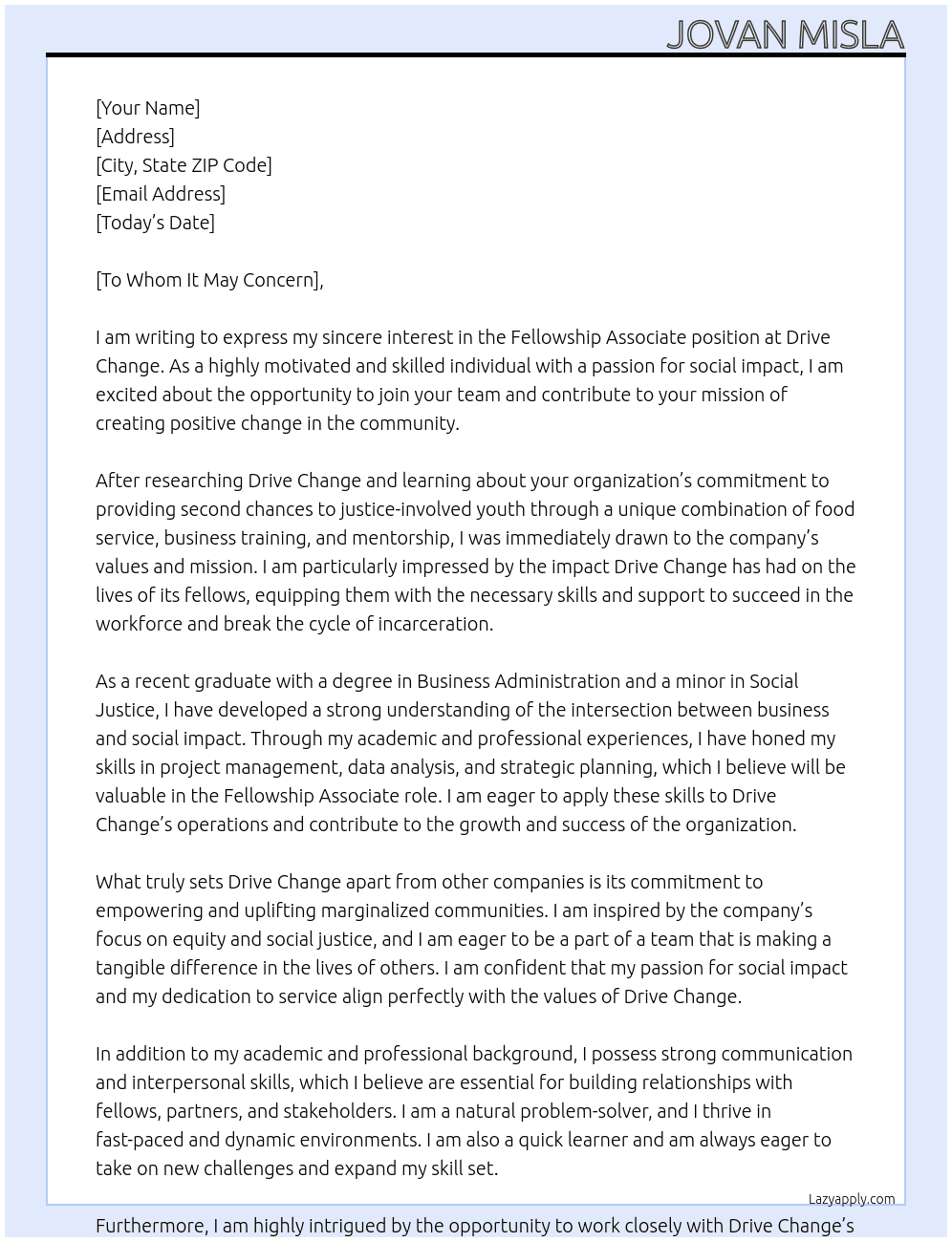 Fellowship Associate  At Drive Change Cover Letter