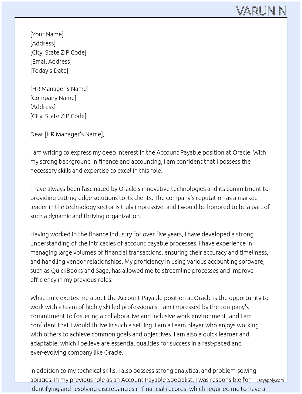 Account Payable  At Oracle  Cover Letter