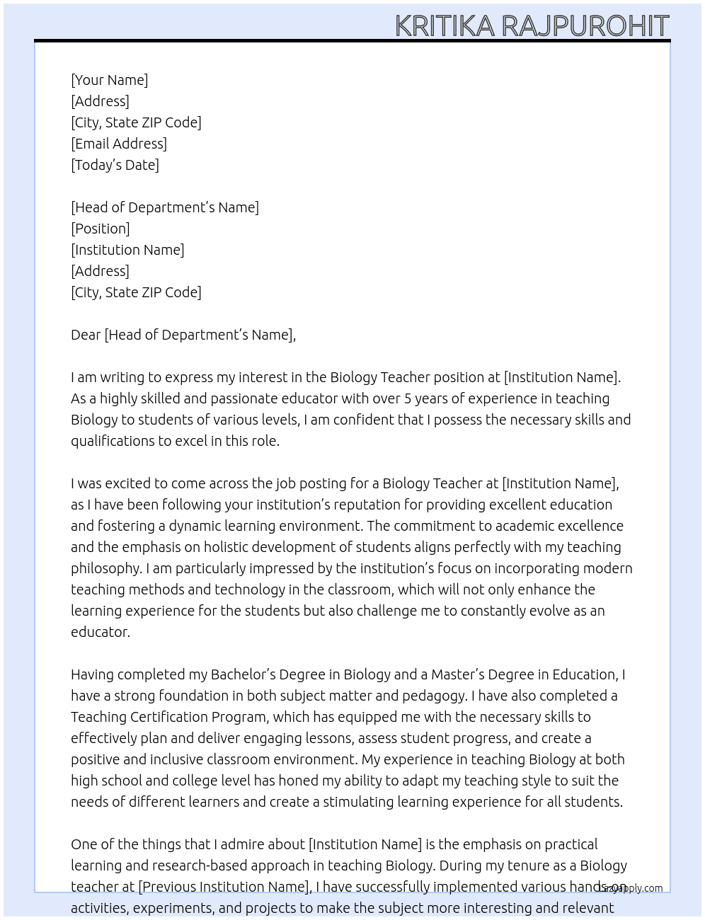 Biology teacher  At Institution  Cover Letter