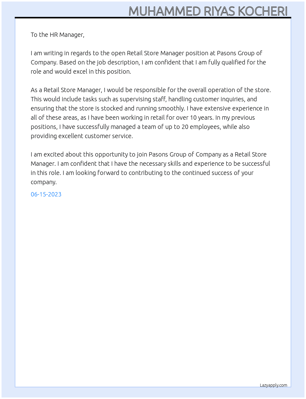 Retail store manager  At PASONS GROUP OF COMPANY  Cover Letter