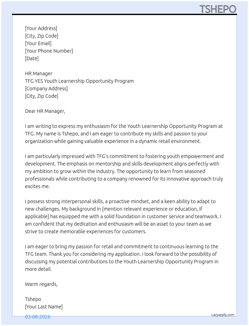 Cover letter for tfg yes youth learnership opportunity program - LazyApply