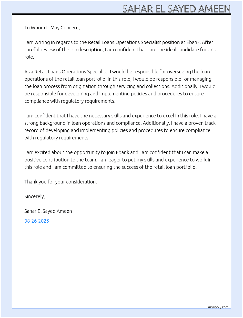 Retail Loans Operations Specialist  At Ebank Cover Letter