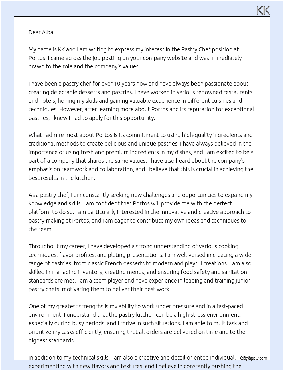 Pastry Chef At portos Cover Letter