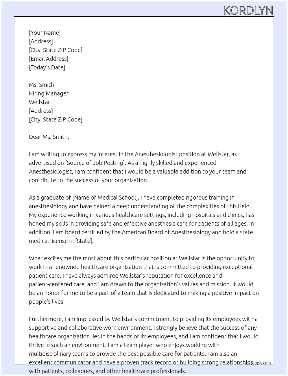 Anesthesiologist  At Wellstar Cover Letter