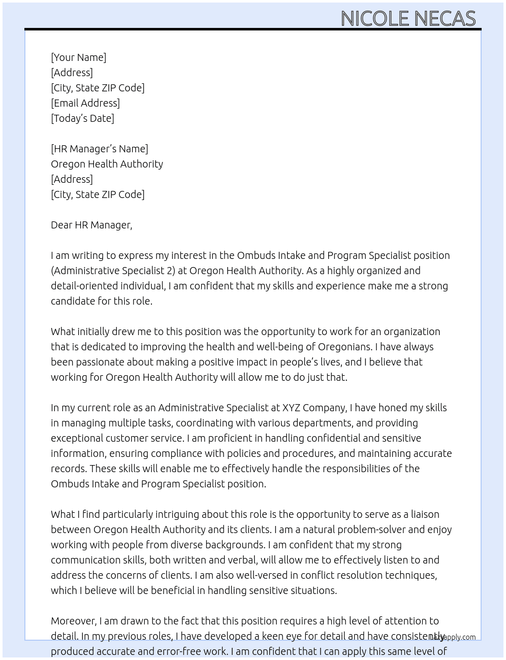 Ombuds Intake and Program Specialist (Administrative Specialist 2) At Oregon Health Authority Cover Letter