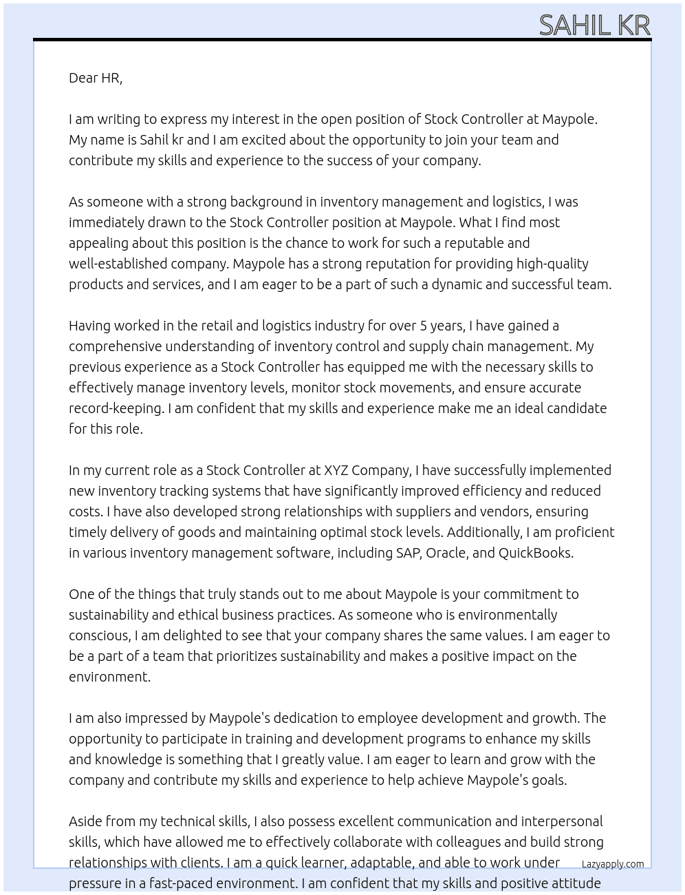 Stock controller At Maypole Cover Letter