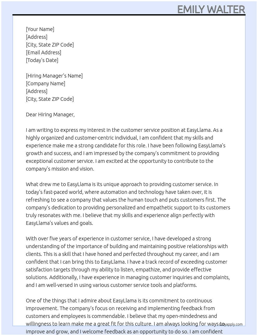 customer service  At EasyLlama Cover Letter