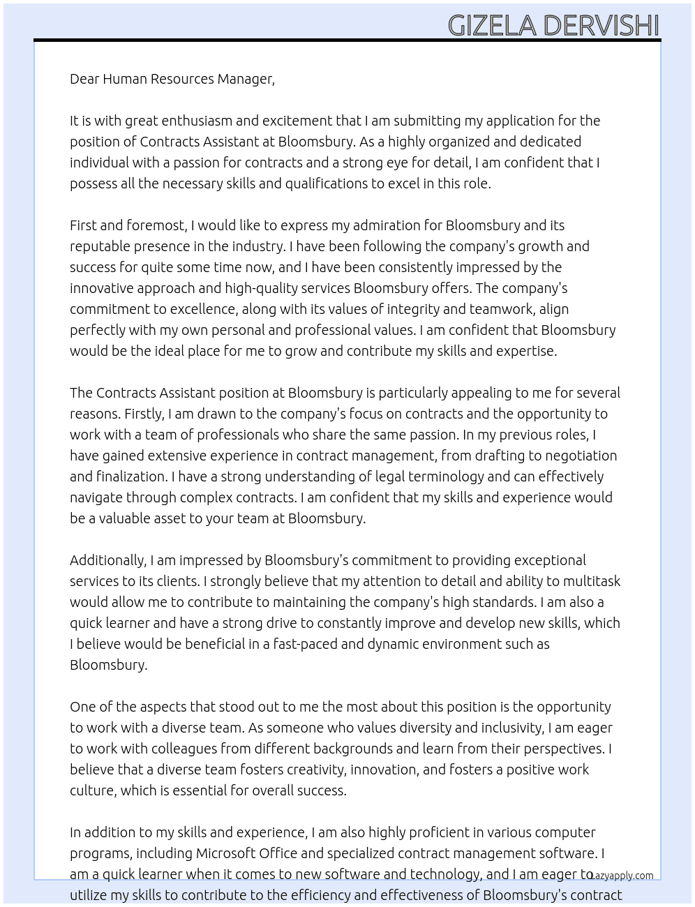 Contracts Assistant At Bloomsbury Cover Letter