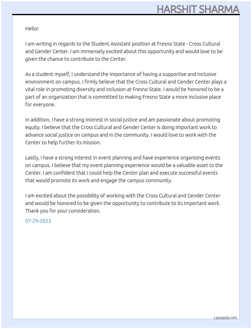 Student Assistant  At Fresno State - Cross Cultural and Gender Center Cover Letter