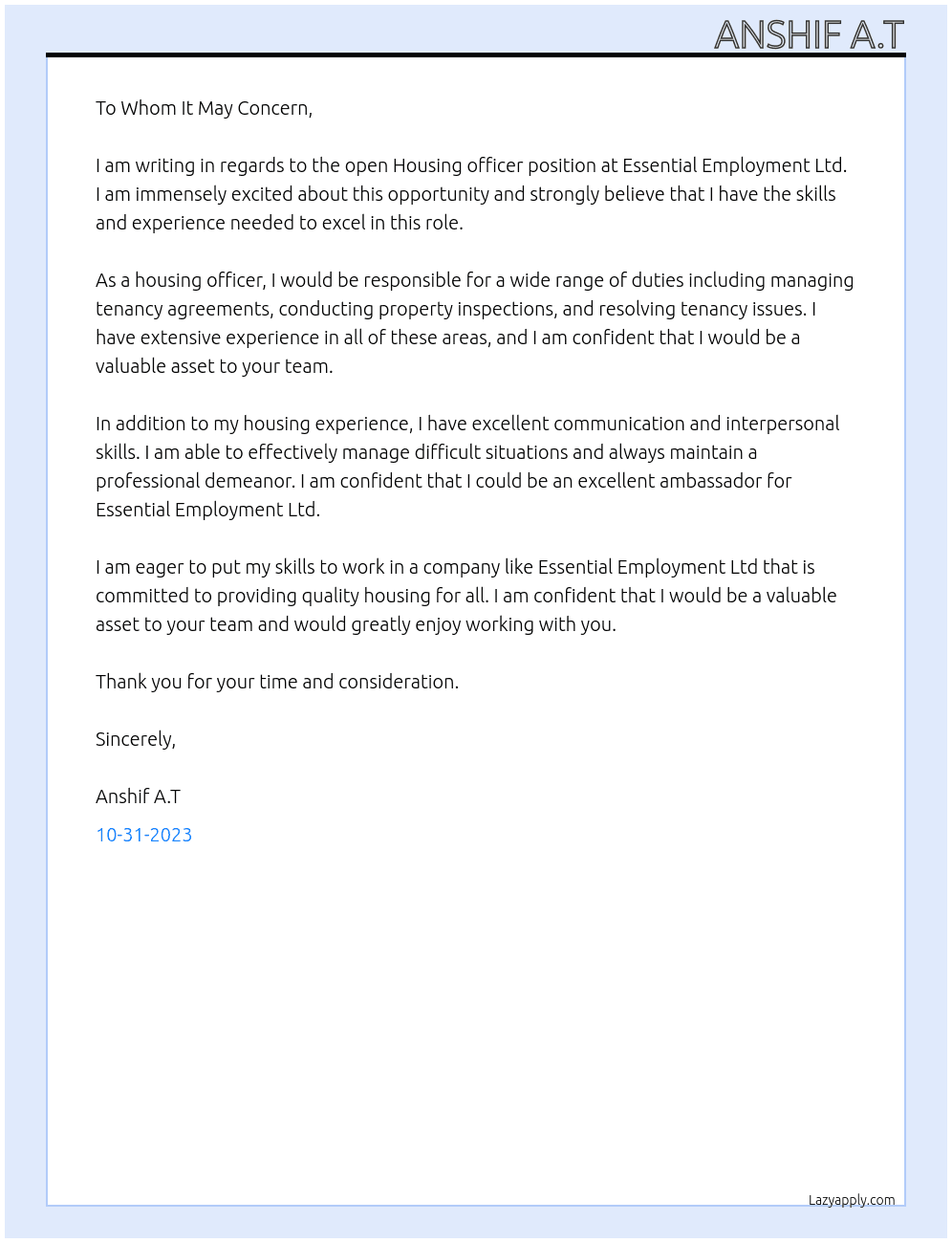 Housing officer  At ESSENTIAL EMPLOYMENT LTD Cover Letter