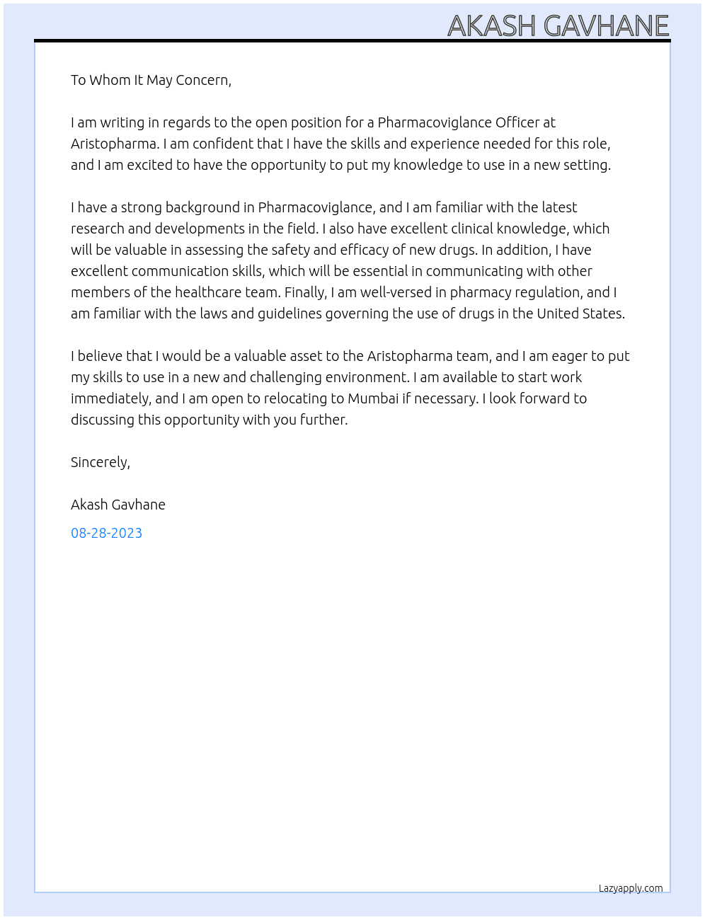 Pharmacoviglance  At Aristopharma Cover Letter