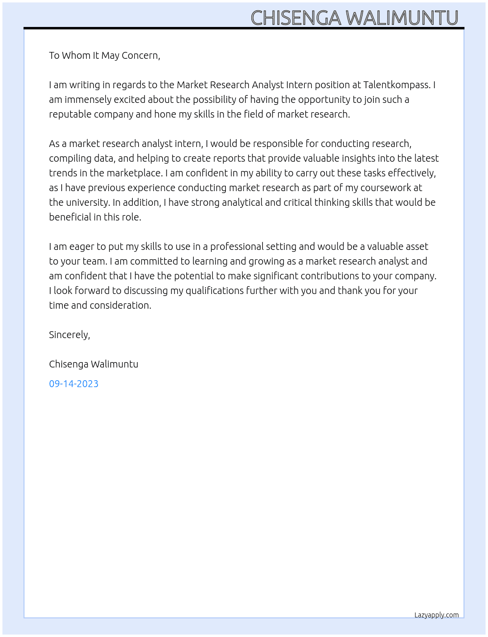 Market research analyst intern At Talentkompass Cover Letter
