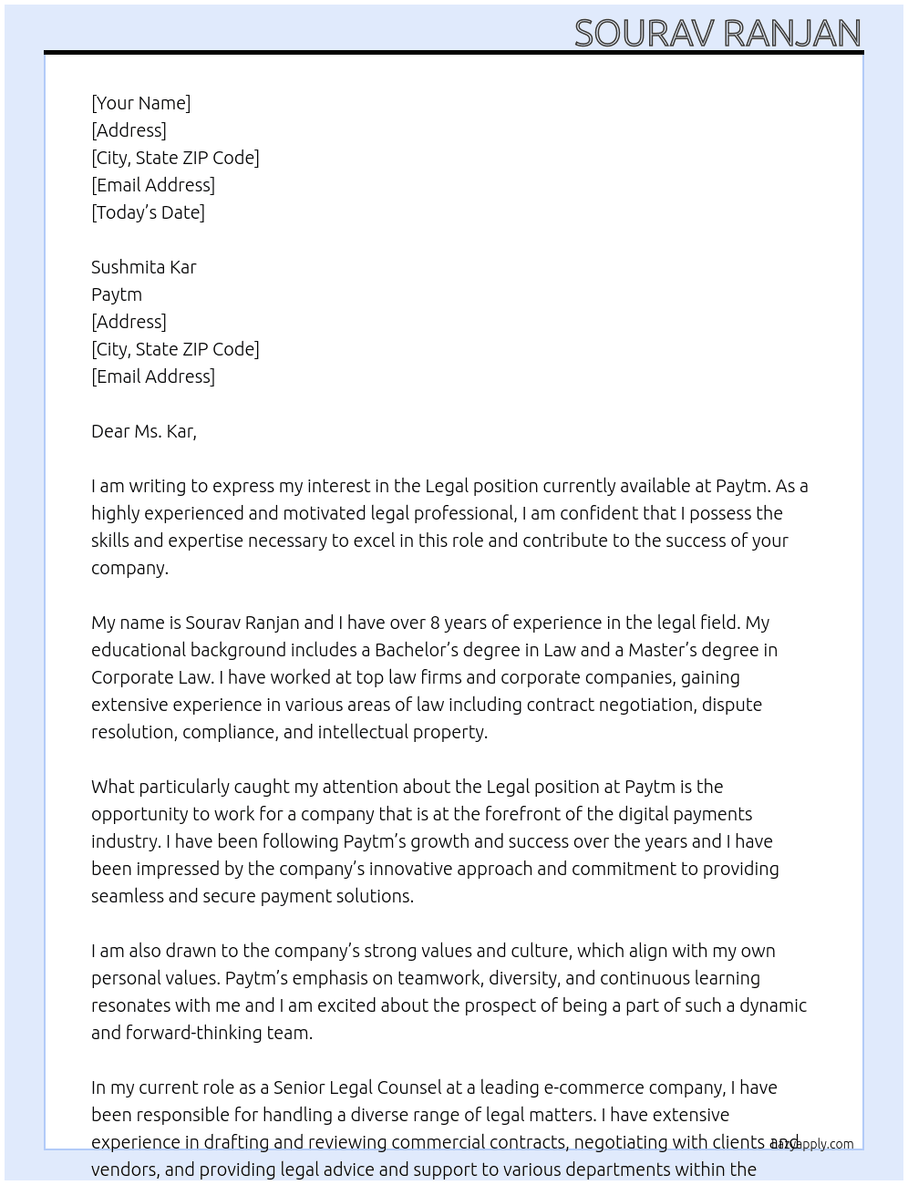 Legal  At PAYTM Cover Letter