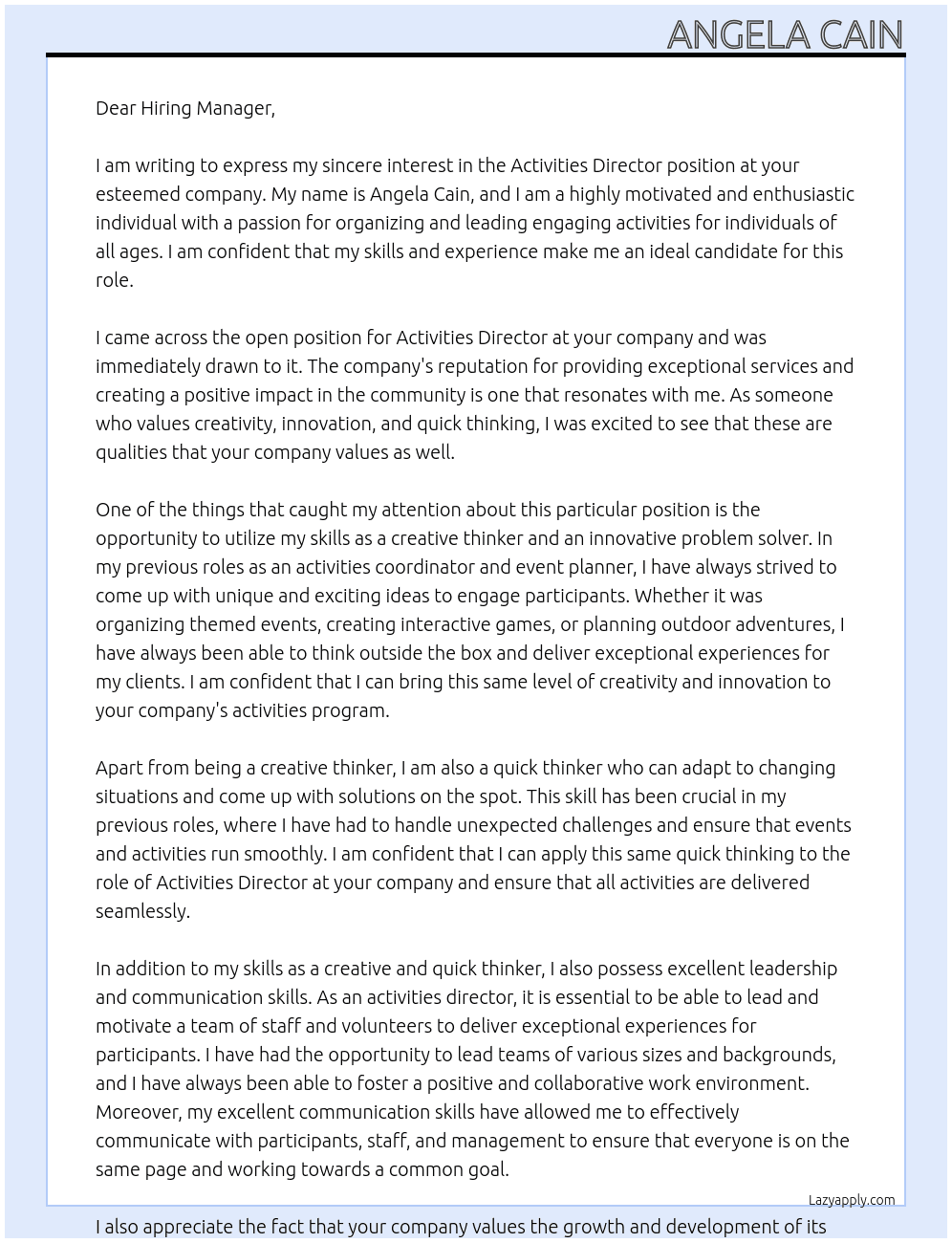 Activities director At Don't know Cover Letter