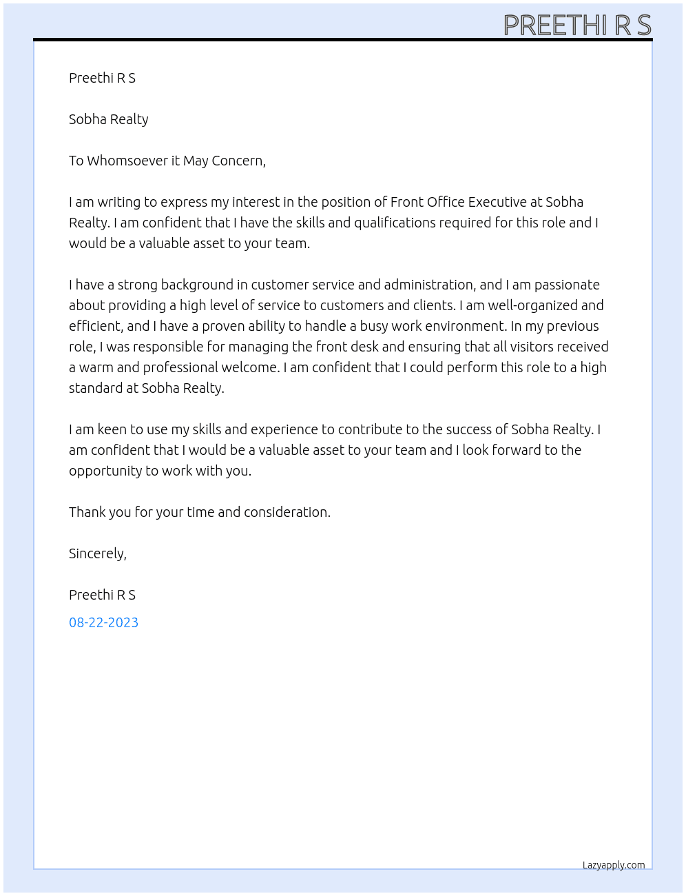 front office executive At Sobha Realty Cover Letter