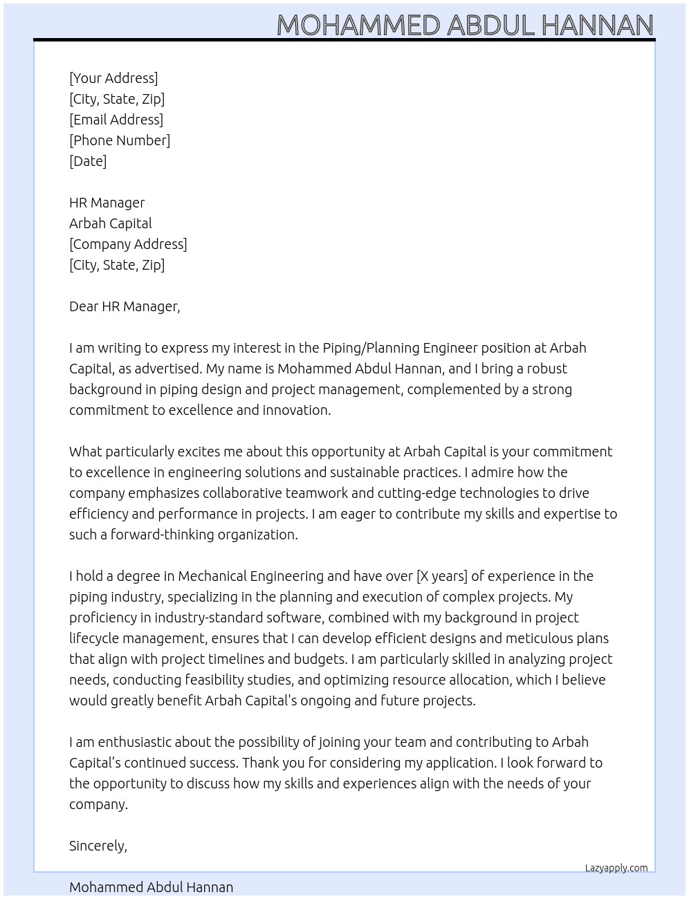 Cover letter for piping/planning engineer - LazyApply