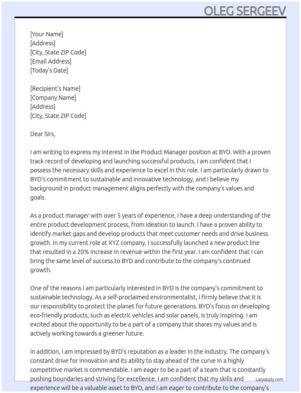 Product manager At BYD Cover Letter