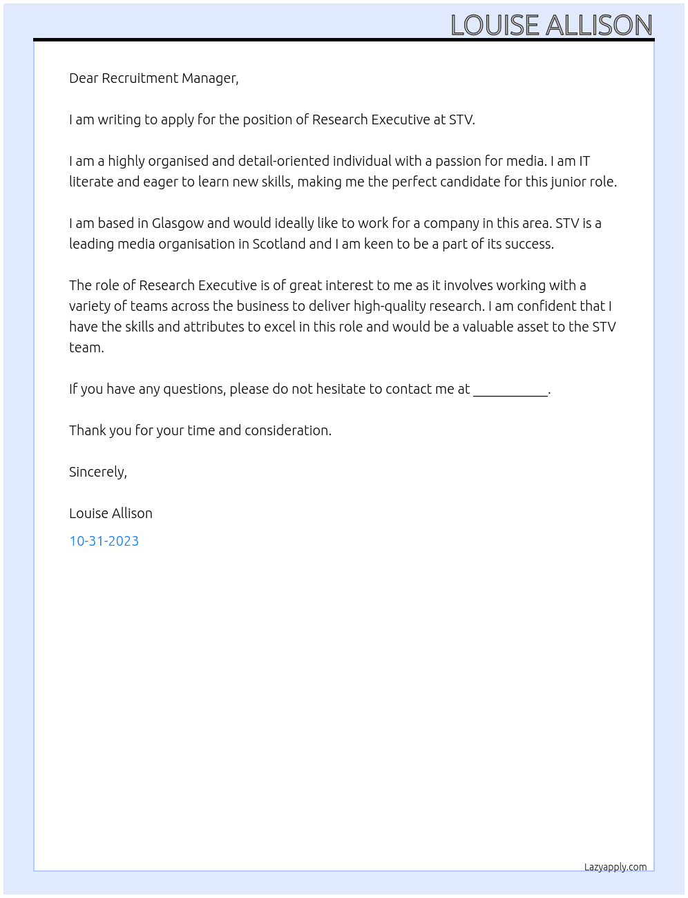 Research Executive  At STV Cover Letter