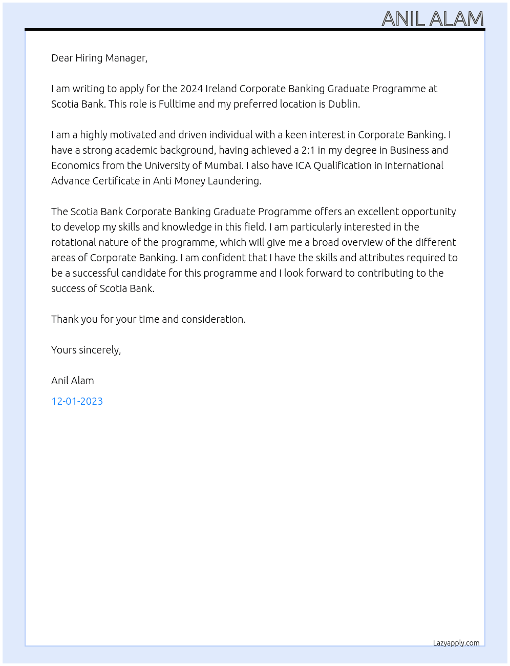 2024 Ireland Corporate Banking Graduate Programme At Scotia Bank Cover Letter
