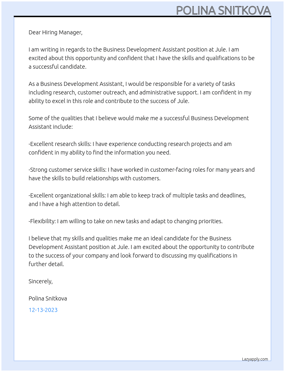 Business Development Assistant At Jule Cover Letter