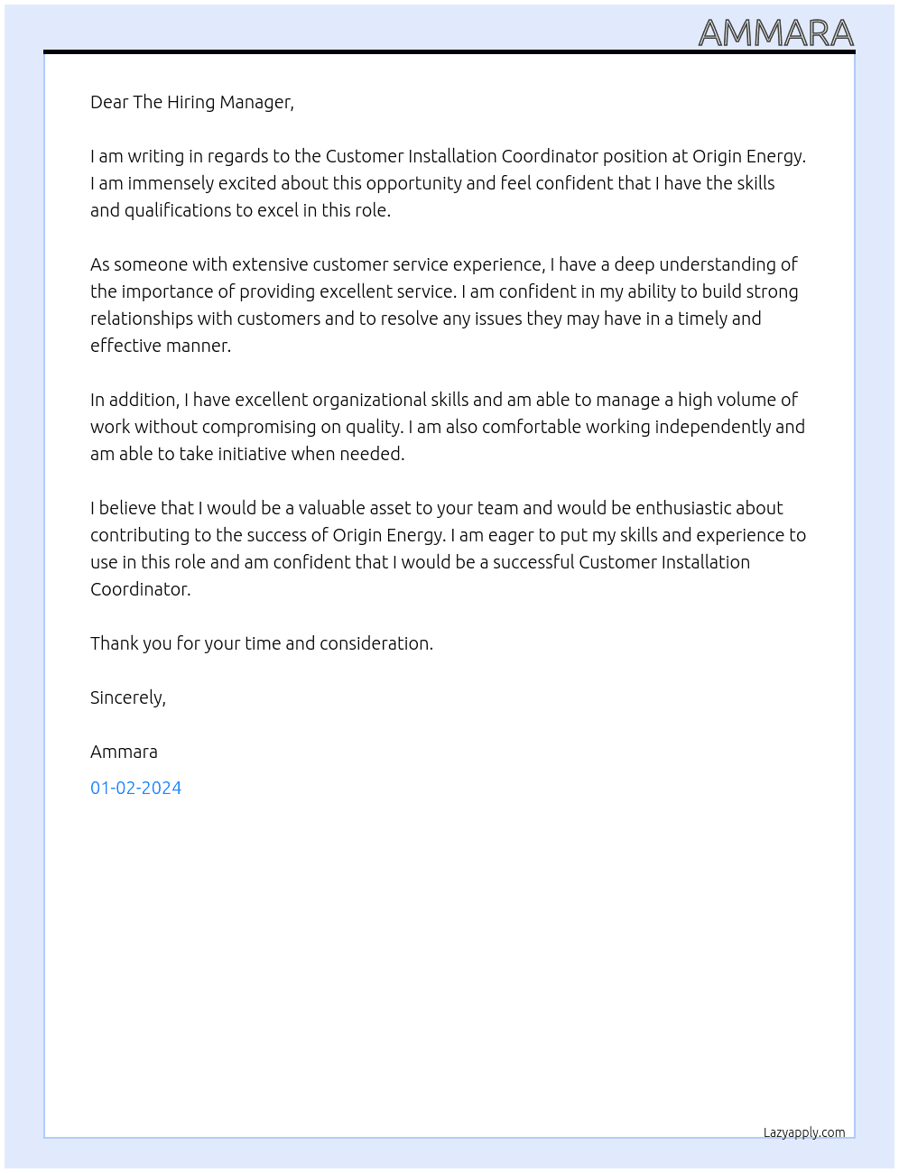 Customer Installation Coordinator At Origin Energy Cover Letter