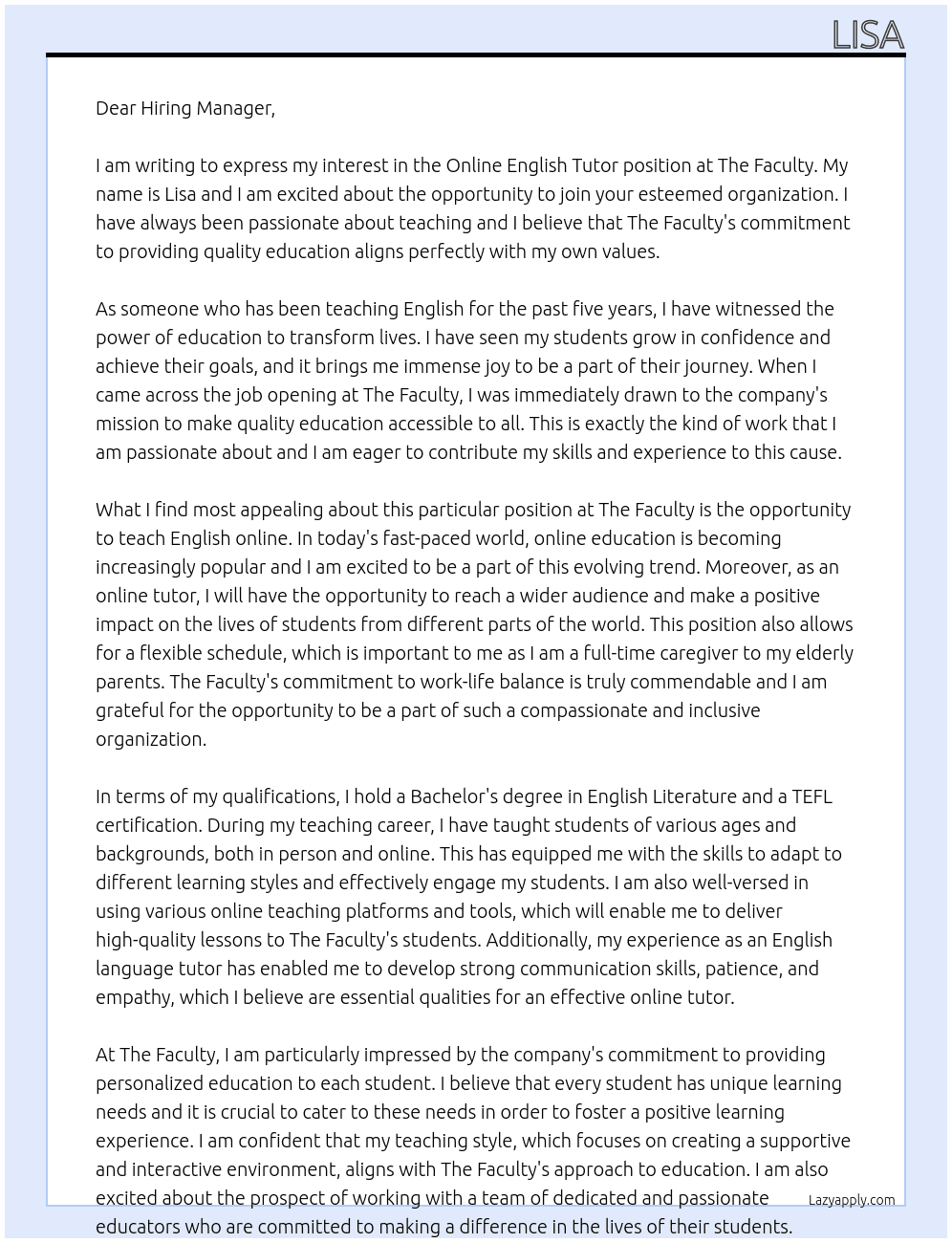 Online English Tutor: At The Faculty Cover Letter