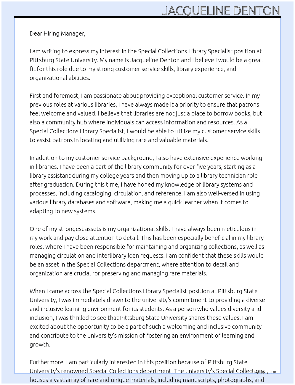 Special Collections Library Specialist At Pittsburg State University Cover Letter