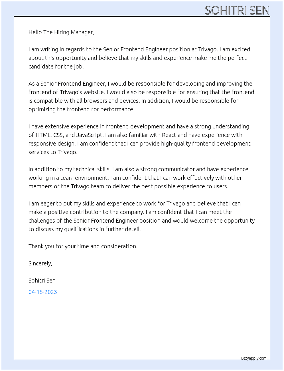Senior Frontend Engineer At Trivago Cover Letter