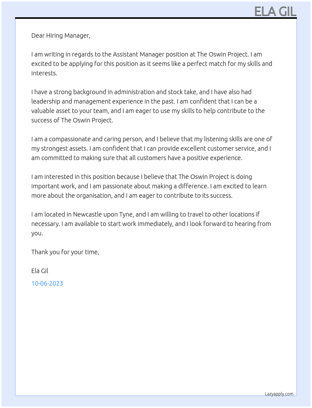 Assistant Manager At The Oswin Project Cover Letter