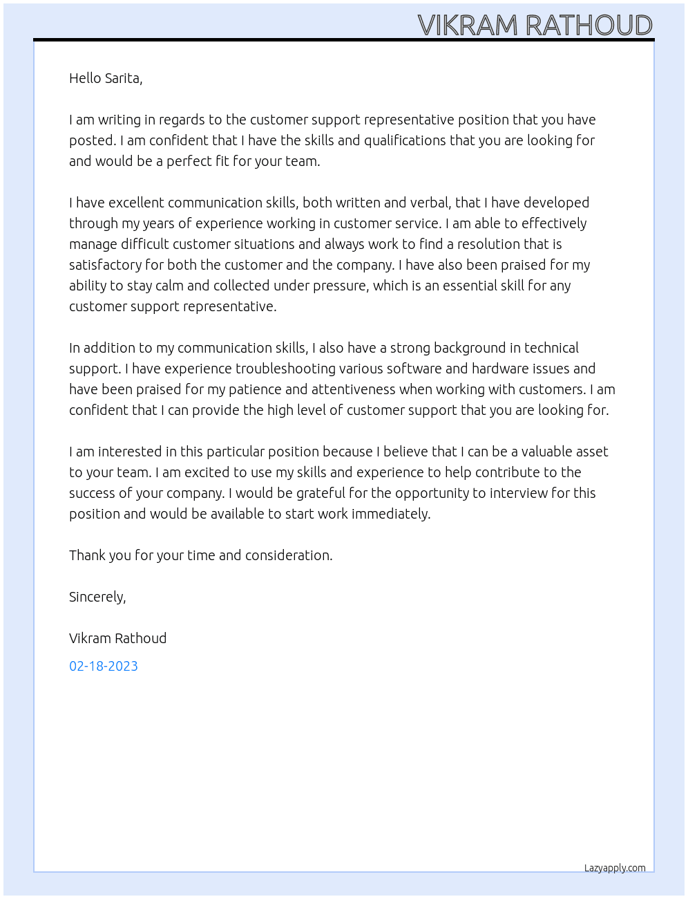 Customer support representative  At iksula Cover Letter