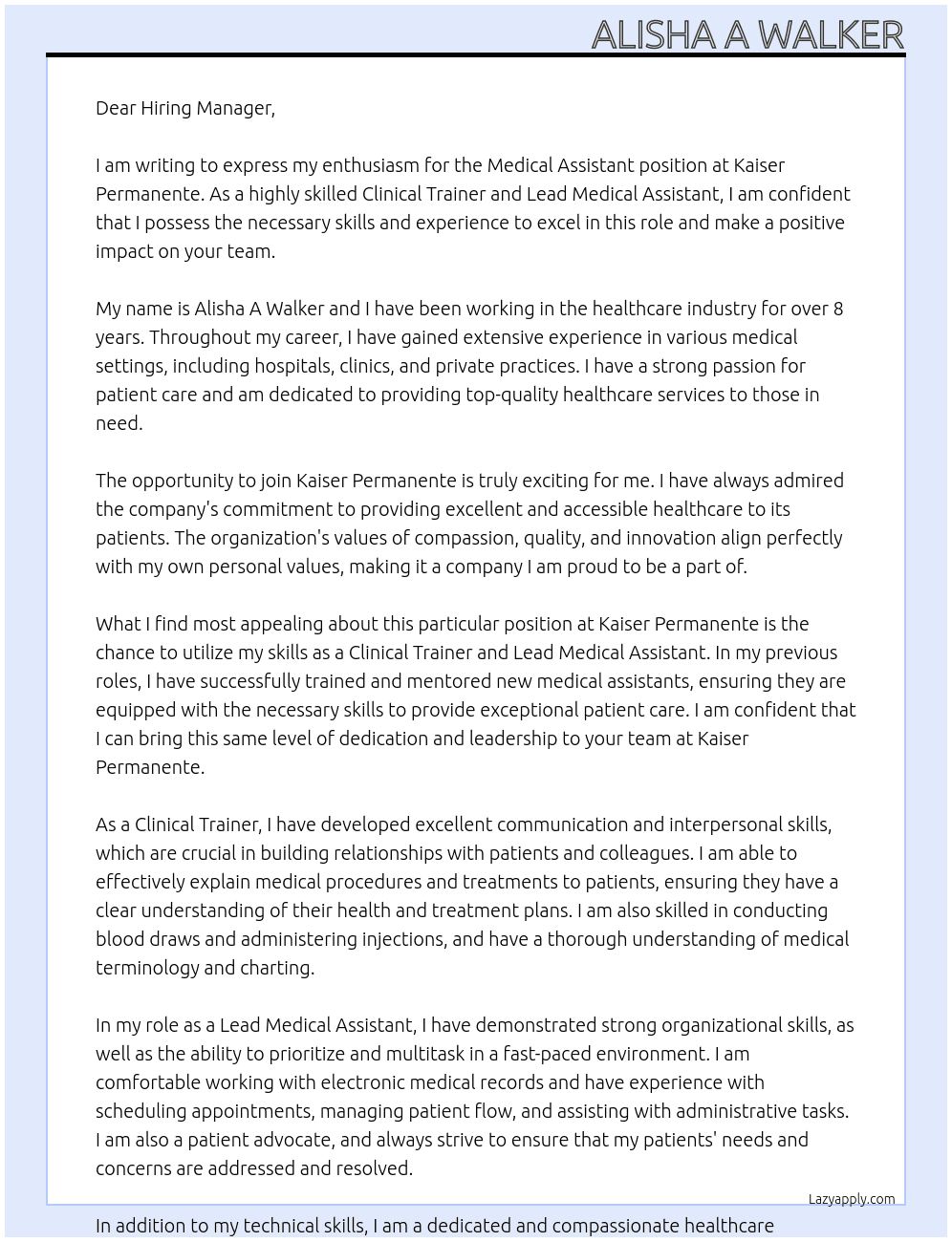 medical Assistant  At Kaiser Permanente  Cover Letter