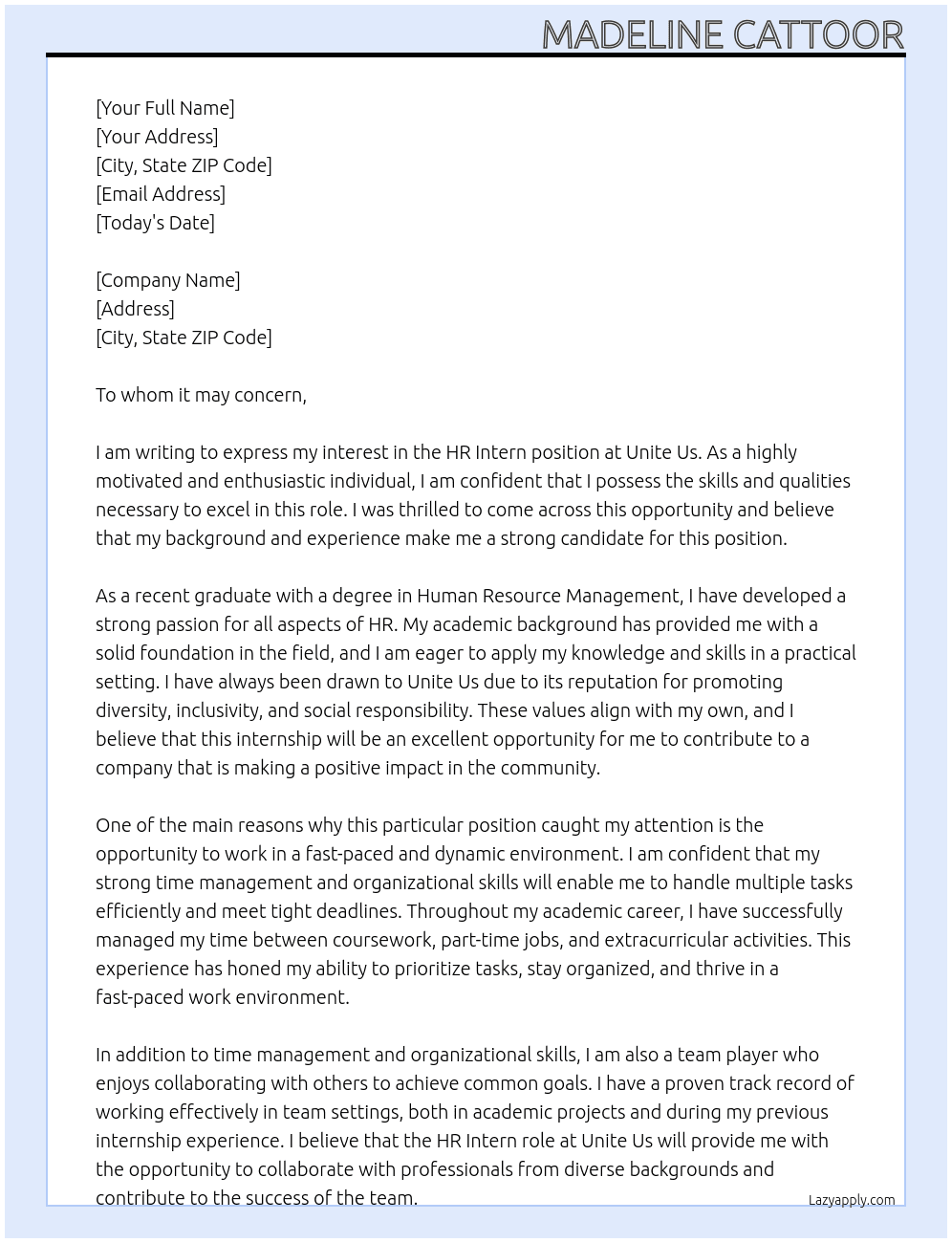 HR Intern At Unite Us Cover Letter