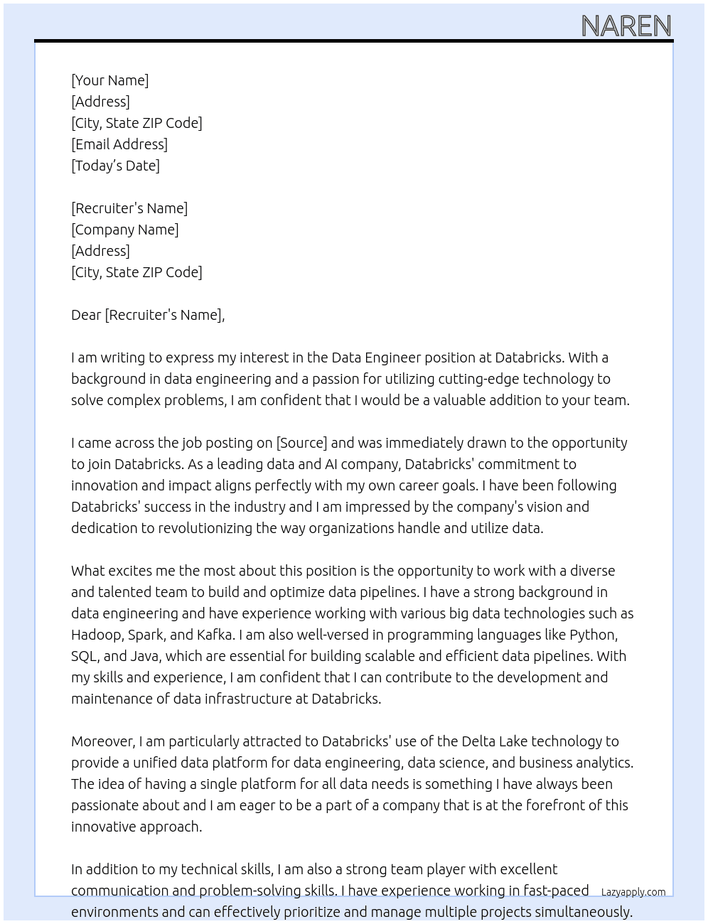 Data Engineer At databricks Cover Letter