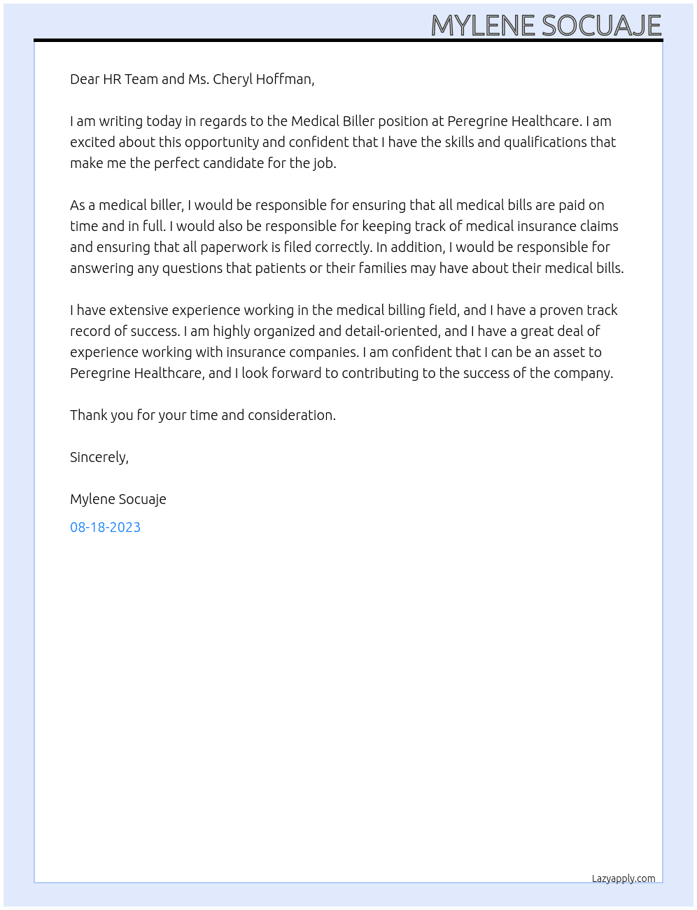Medical biller At Peregrine Healthcare  Cover Letter