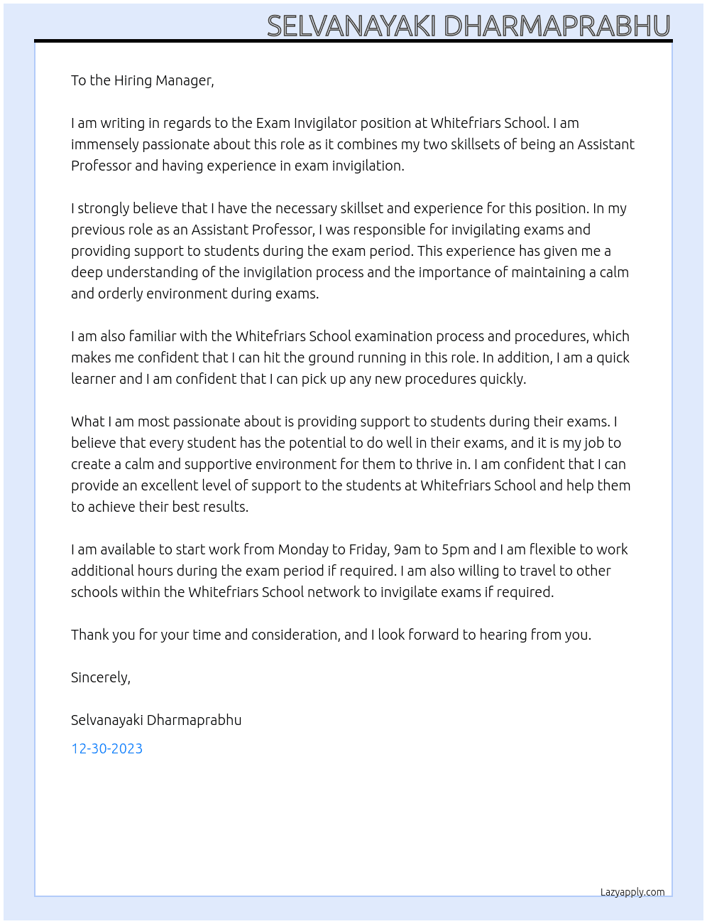Exam invigilator At Whitefriars School - Secondary School Harrow Cover Letter