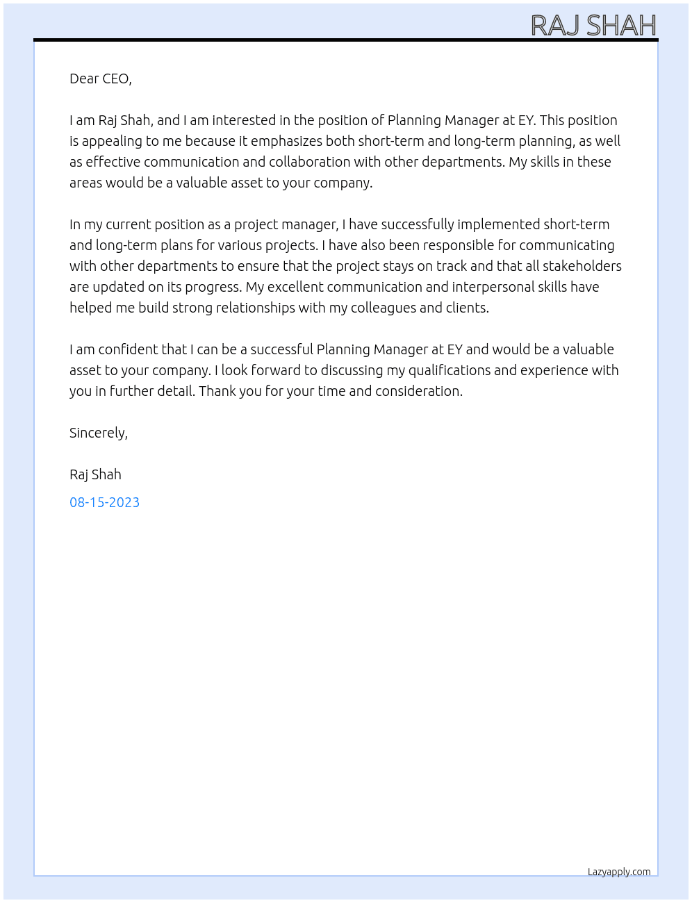 Planning Manager At EY Cover Letter