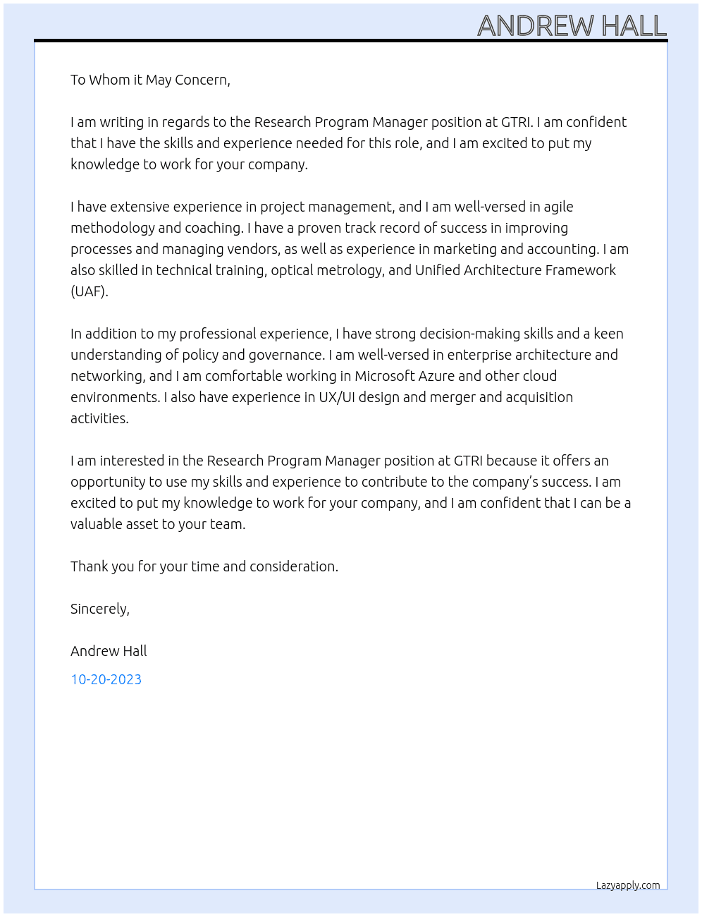Research Program Manager At GTRI Cover Letter
