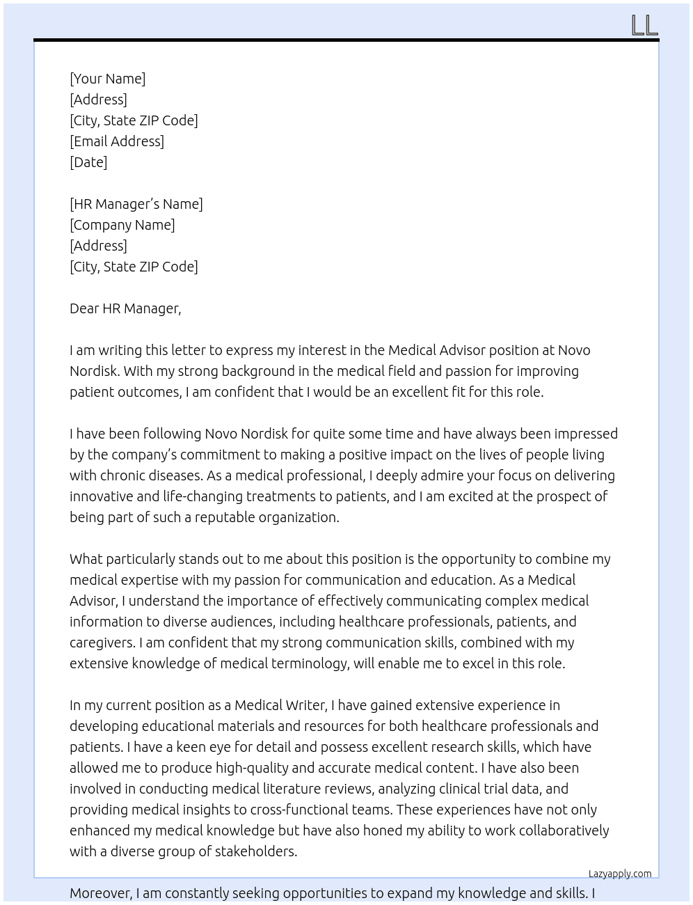 medical advisor At Novo Nordisk Cover Letter