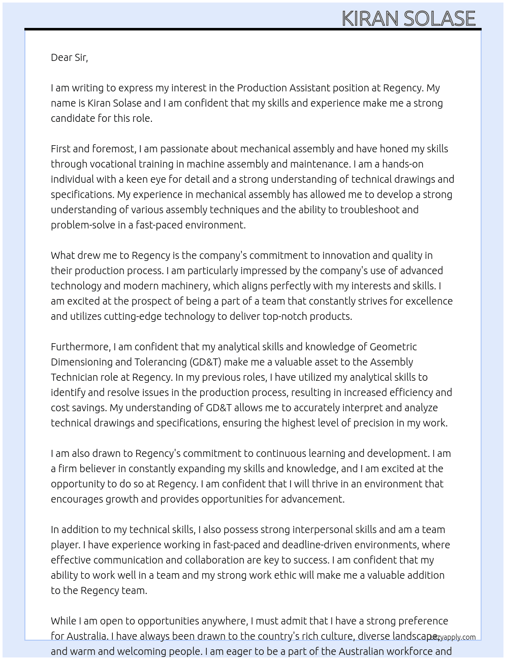 Production Assistant At Regency Cover Letter