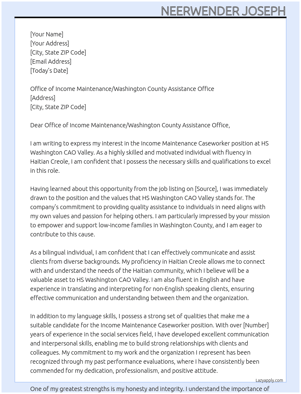 Income Maintenance Caseworker - Washington CAO (Bilingual, Haitian Creole) At HS Washington CAO Valley Cover Letter