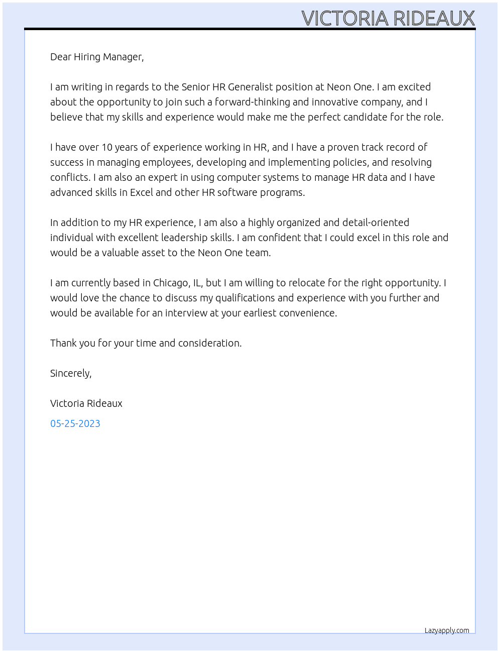 Senior HR Generalist At Neon One Cover Letter
